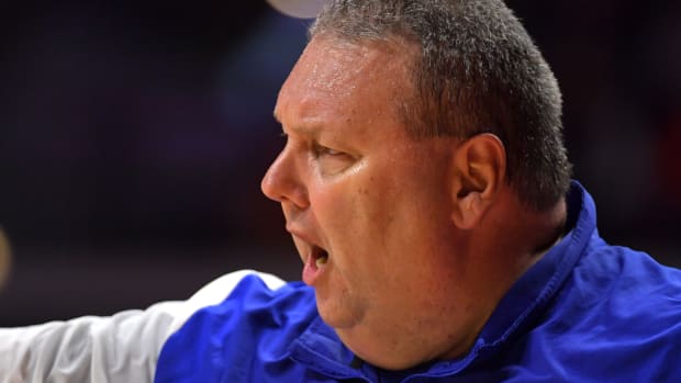 Nov 6, 2023; Champaign, Illinois, USA; Eastern Illinois Panthers head coach Marty Simmons reacts to a call during the second half against the Illinois Fighting Illini at State Farm Center. Mandatory Credit: Ron Johnson-USA TODAY Sports  